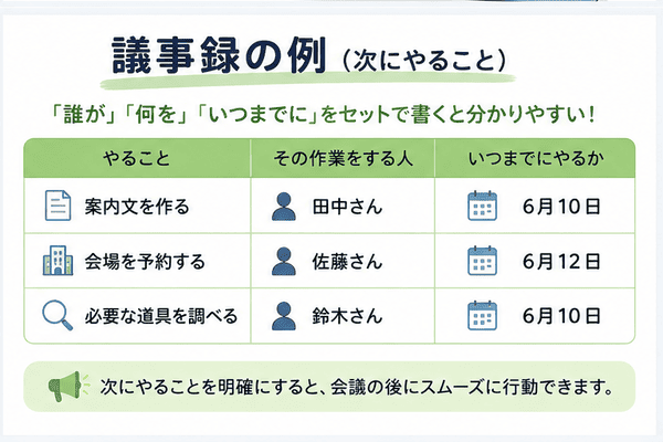 議事録で次にやることを表にまとめた例