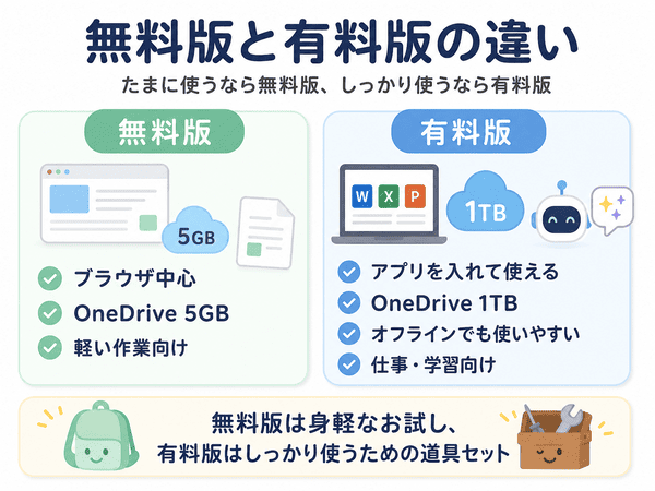 Microsoft 365の無料版と有料版の違いを、ブラウザ利用、OneDrive容量、オフライン作業で比較した図解
