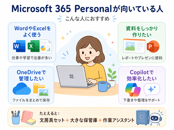 Microsoft 365 Personalが向いている人をWordやExcel、資料作成、OneDrive、Copilotの使い方で示した図解