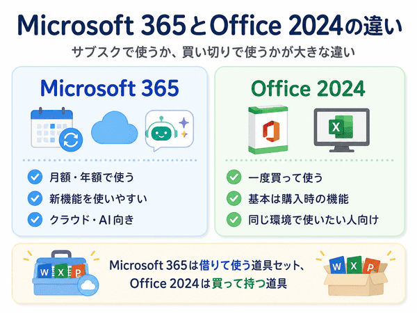 Microsoft 365とOffice 2024の違いを、サブスクリプション型と買い切り型で比較した図解