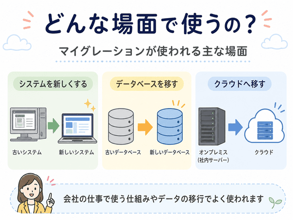 マイグレーションが使われる場面としてシステム移行・データベース移行・クラウド移行を示す図解