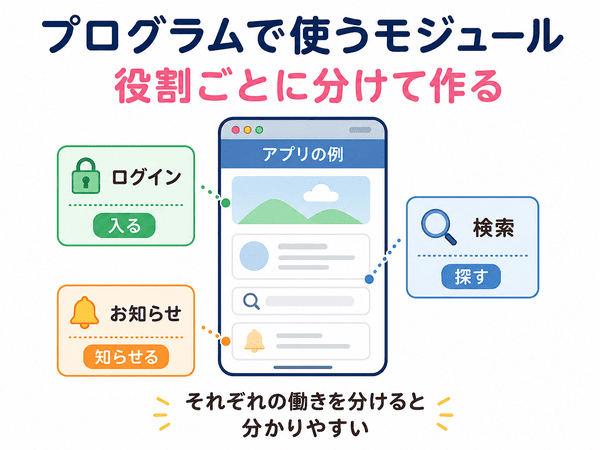 プログラムで使うモジュールをログインや検索などの役割ごとに分けて示した図解