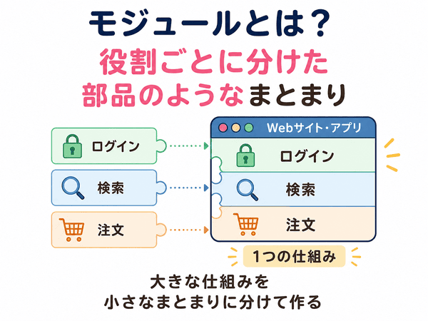 モジュールとは役割ごとに分けた部品のようなまとまりであることを示した図解