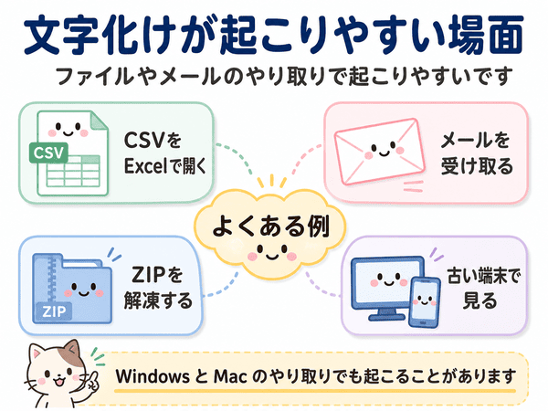 CSV、メール、ZIP、古い端末など文字化けが起こりやすい場面を説明する図