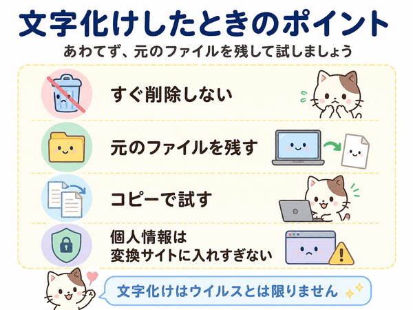 文字化けしたときにすぐ削除せず元ファイルを残してコピーで試すポイントを説明する図