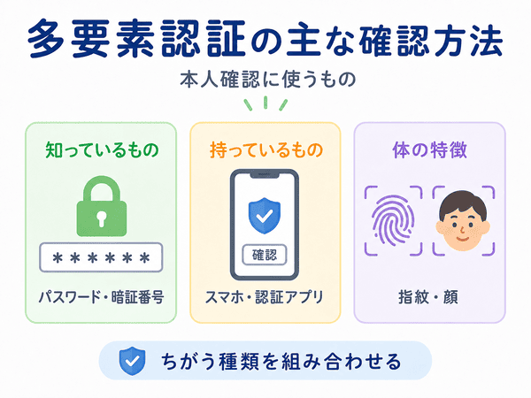 多要素認証の主な確認方法を初心者向けに示した図