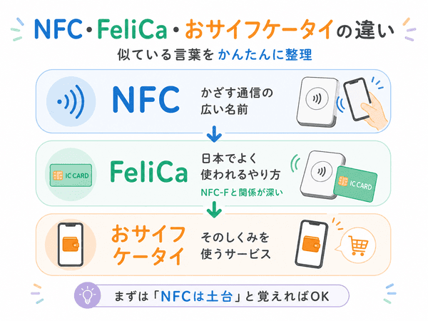 NFC、FeliCa、おサイフケータイの違いを、土台・方式・サービスに分けて説明した図