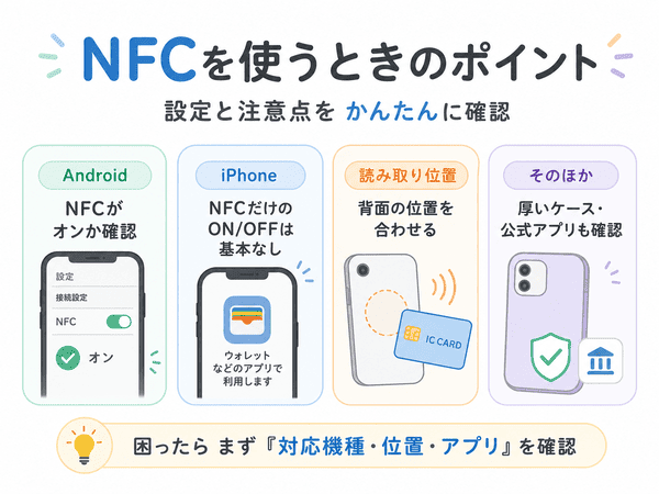 NFCを使うときに確認したいAndroid、iPhone、読み取り位置、公式アプリのポイントを説明した図