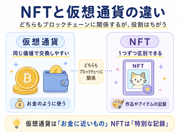 NFTと仮想通貨の違いを、仮想通貨はお金に近いもの、NFTは特別な記録として比較した図解