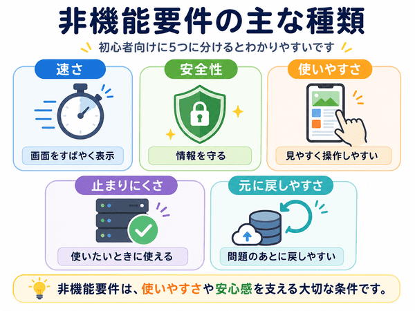 非機能要件の主な種類を初心者向けに整理した図