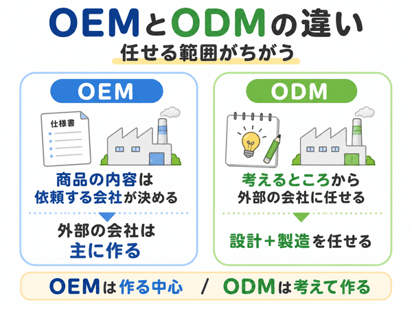 OEMとODMの違いを任せる範囲で比較した図解