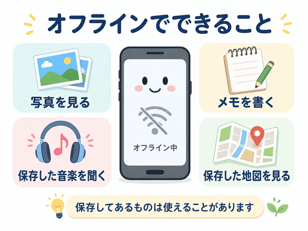 オフラインで写真やメモなど保存済みのものを使える例を示す図