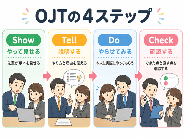 OJTの4ステップはやって見せる、説明する、やらせてみる、確認する流れ