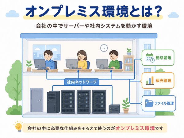 会社の中でサーバーや社内システムを動かすオンプレミス環境の図
