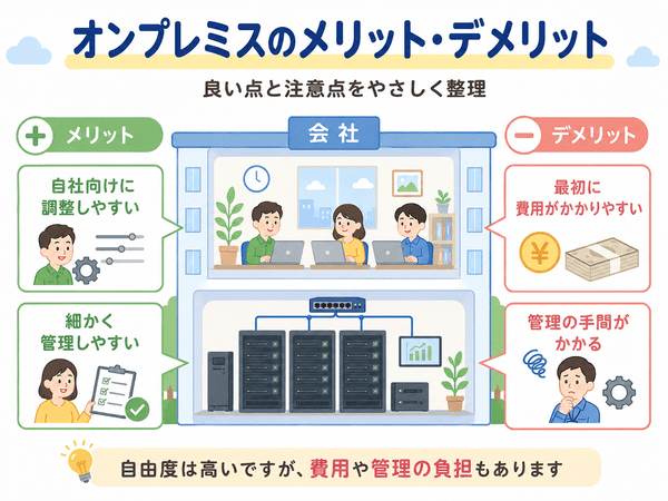 オンプレミスのメリットとデメリットを初心者向けに整理した図