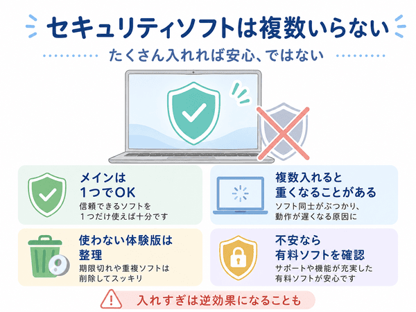 セキュリティソフトは複数入れずメインのソフトを1つ使うことを説明した図解