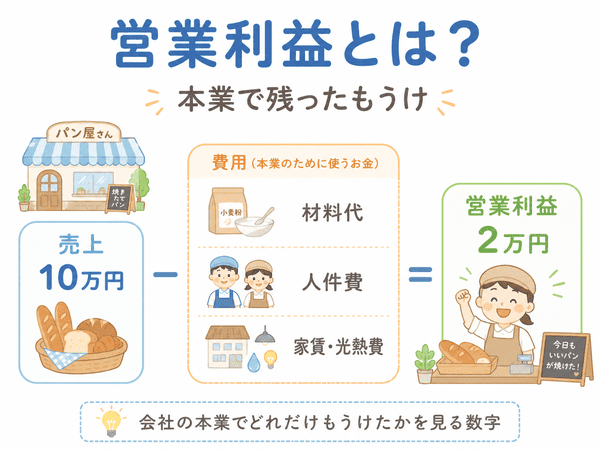 営業利益とは本業で残ったもうけを表す数字であることをパン屋さんの例で示した図解