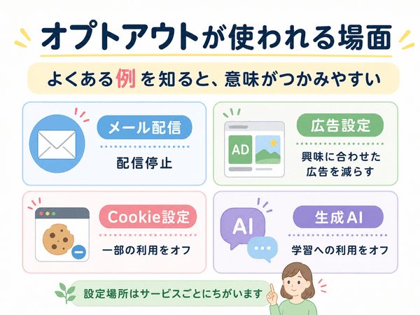 メール配信、広告設定、Cookie設定、生成AIなど、オプトアウトが使われる場面を示す図