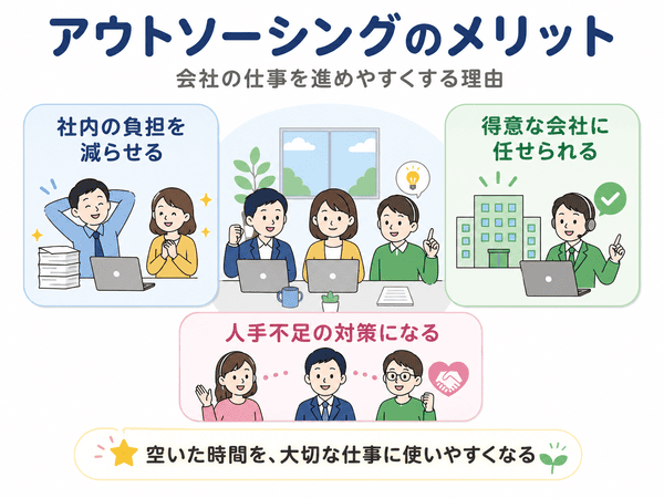 アウトソーシングのメリットは社内の負担を減らし得意な会社に任せられること