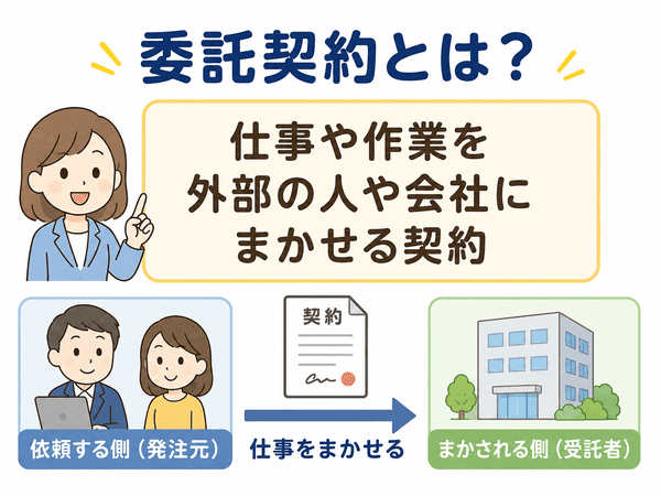 委託契約とは何かを説明するイラスト。仕事や作業を外部の人や会社にまかせる流れを解説
