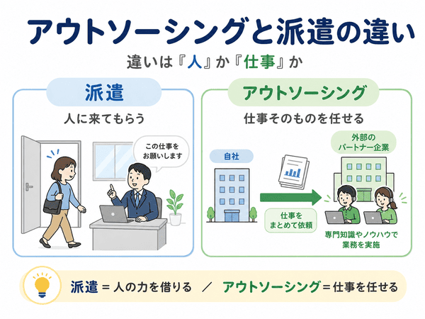 アウトソーシングと派遣の違いは人に来てもらうか仕事を任せるか