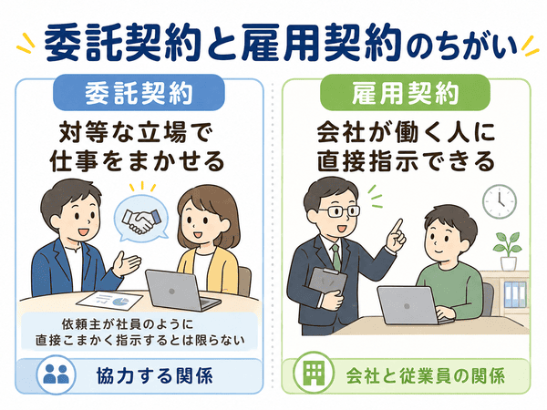 委託契約と雇用契約の違いを説明するイラスト。直接指示の有無や関係性の違いを解説