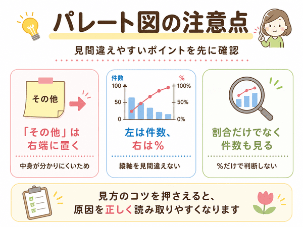 パレート図ではその他を右端に置き、左軸は件数、右軸は%を見ることを示した注意点の図