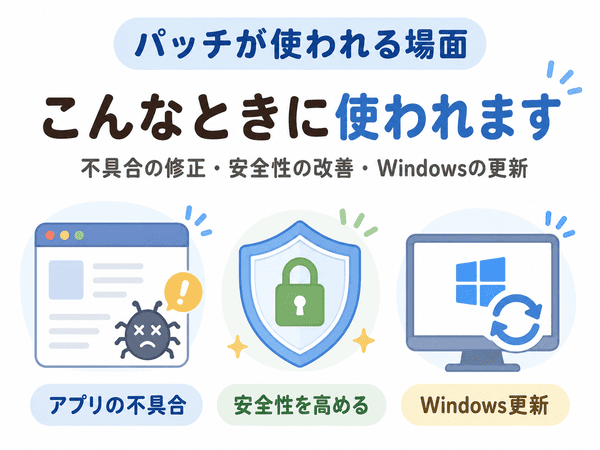 パッチがアプリの不具合修正、安全性の改善、Windows更新で使われることを示した図