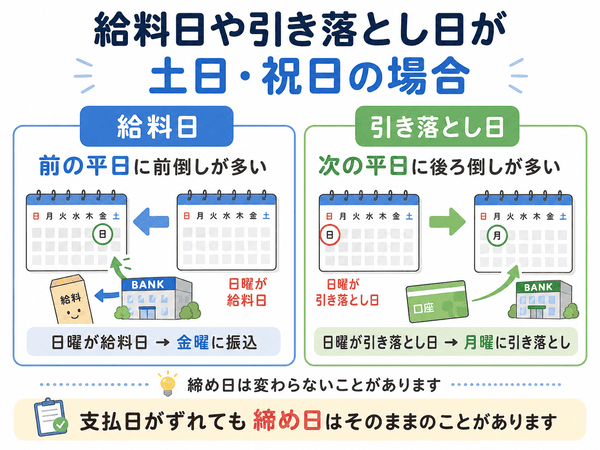 給料日と引き落とし日が土日祝日の場合の違いを説明する図