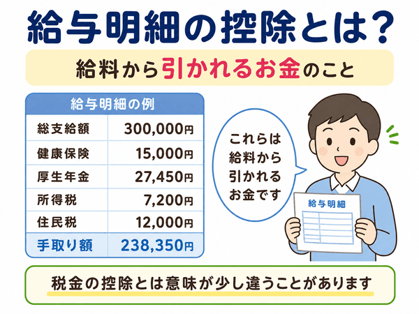 給与明細の控除は給料から引かれるお金であることを説明した図