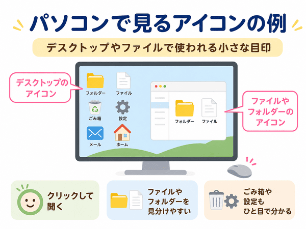 パソコンのデスクトップやファイルで使われるアイコンの例