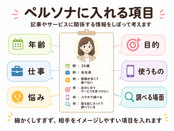ペルソナに入れる年齢・仕事・悩み・目的などの項目を説明する図