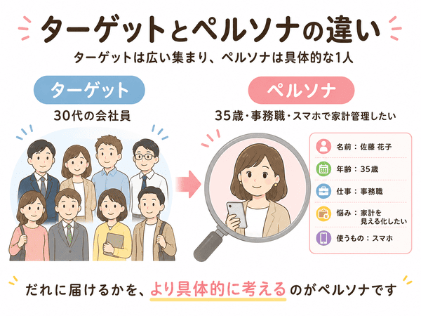 ターゲットとペルソナの違いを説明する図