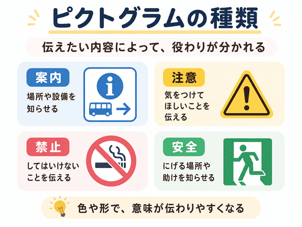 案内、注意、禁止、安全というピクトグラムの種類を説明する図