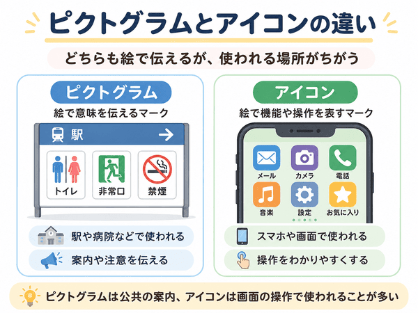 ピクトグラムとアイコンの違いを公共の案内とスマホ画面の例で比較する図