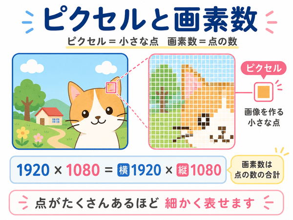ピクセルと画素数の違いを小さな点で説明した図