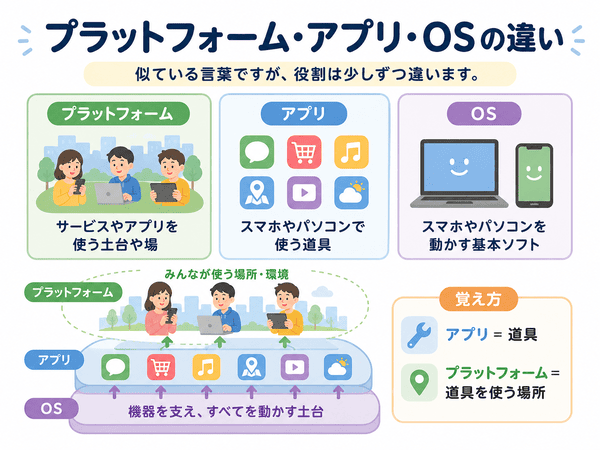 プラットフォーム、アプリ、OSの違いを初心者向けに整理した図
