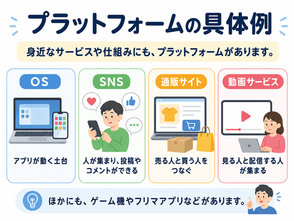 OS、SNS、通販サイト、動画サービスなどプラットフォームの具体例を示す図