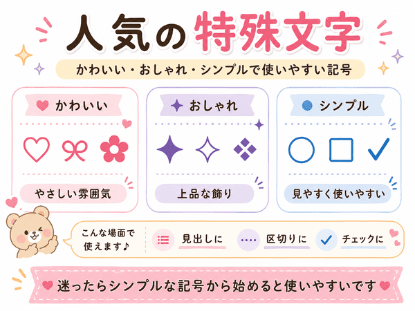 かわいい・おしゃれ・シンプルで使いやすい人気の特殊文字をまとめた図解