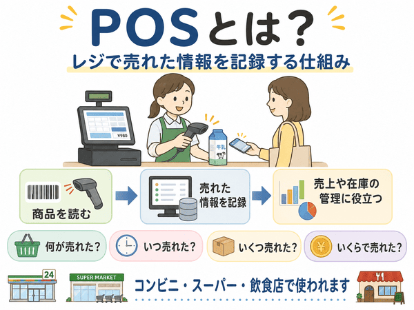 POSとはレジで売れた情報を記録する仕組みであることを示した図