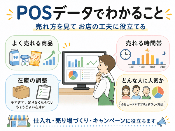 POSデータで売れる商品や時間帯や在庫調整がわかることを示した図