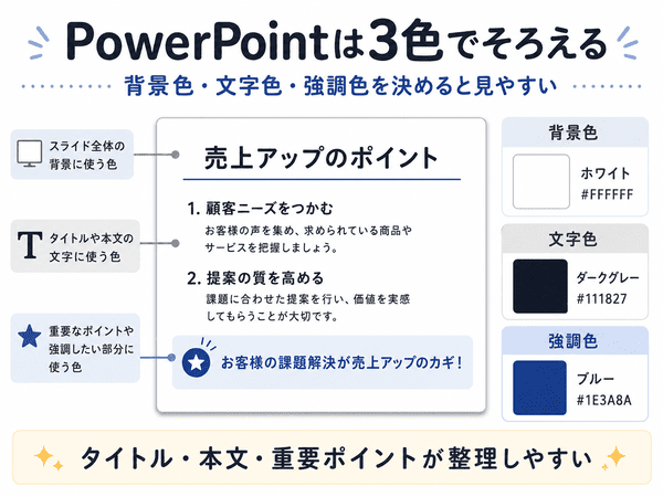 PowerPointで背景色・文字色・強調色の3色をそろえる方法を示した図解