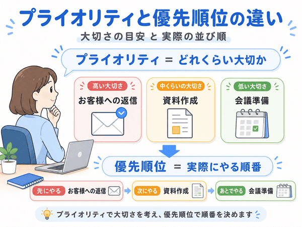 プライオリティは大切さの目安、優先順位は実際にやる順番であることを示した図