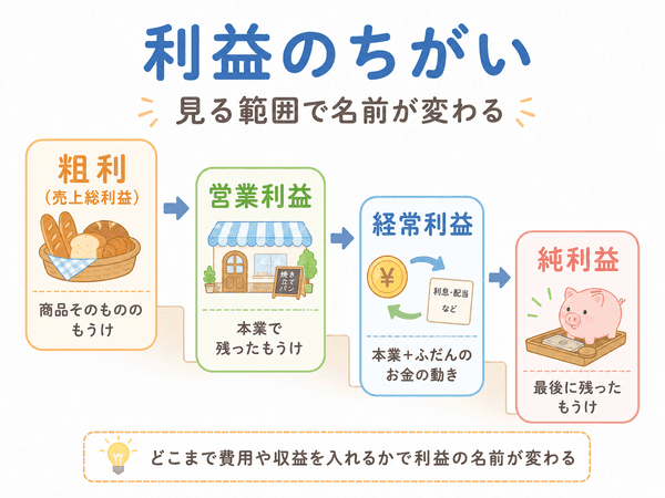 粗利、営業利益、経常利益、純利益の違いを利益の見る範囲で整理した図解