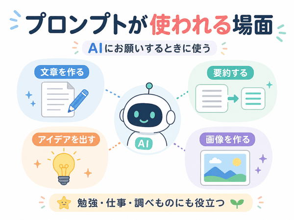 プロンプトが文章作成や要約や画像生成で使われる場面の図