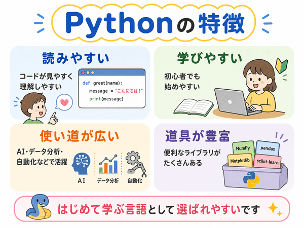 Pythonの特徴を読みやすさや学びやすさで説明した図