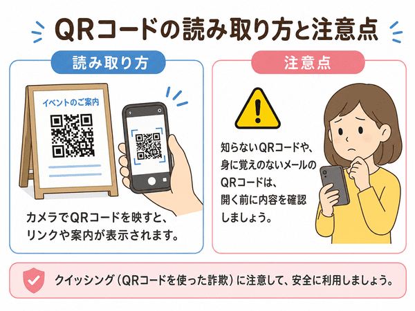 QRコードの読み取り方とクイッシングへの注意点を説明する図