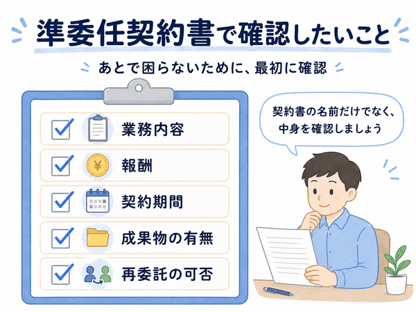 準委任契約書で確認したい項目を示す図