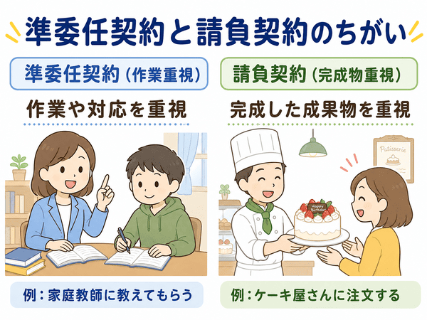 準委任契約と請負契約の違いを説明するイラスト。作業重視と完成物重視の違いを解説