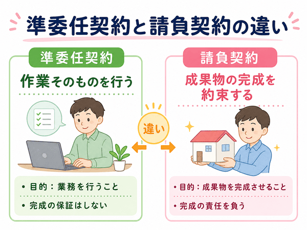 準委任契約と請負契約の違いを示す図